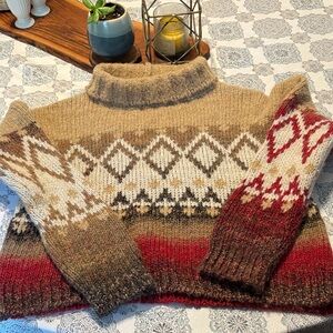 Elsamanda Italy Cozy Fair Isle Wool Blend Turtleneck Sweater — Tan, Cream & Red